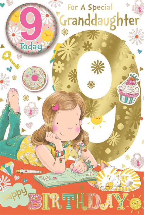 Granddaughter 9th Birthday Card And Badge 9 Today Girl And Diary 9 X 6