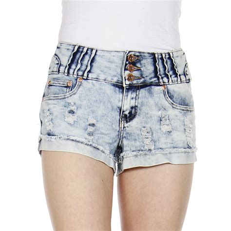 Wholesale E01 Stone Washed High Waist Denim Shorts W Three Buttons