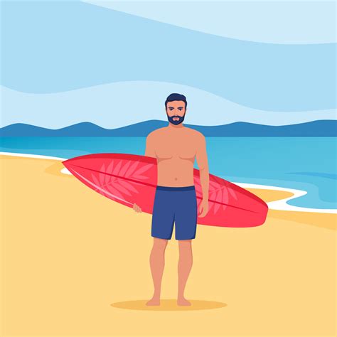 Young Man Surfer With Surfboard Standing On The Beach Smiling Surfer Guy Vector Illustration
