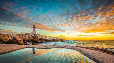 Peggys Cove Lighthouse Sunset Ocean View Landscape In Halifax Nova