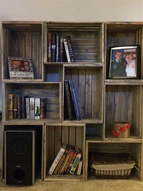 February 21, 2014 by mary evett. DIY weathered crate bookshelf. Crates were purchased at ...