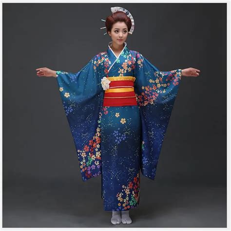 Aliexpress Com Buy High Quality Blue Japanese Women Kimono Dress Traditional Yukata With Obi