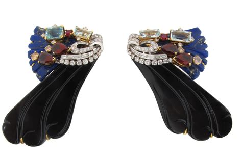 Art Deco Gem Set Clips Set With Diamonds Aquamarines And Garnets