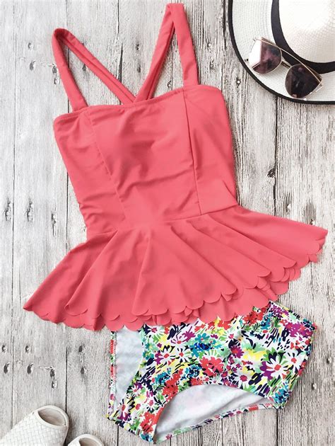 Falbala Daisy High Waisted Peplum Tankini In Watermelon Red Zaful 2024