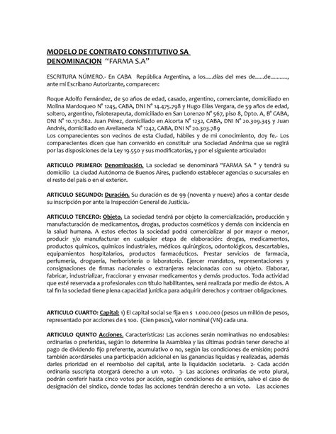 Sociedades Modelo DE Contrato DE UNA Sociedad Anónima MODELO DE CONTRATO CONSTITUTIVO SA StuDocu