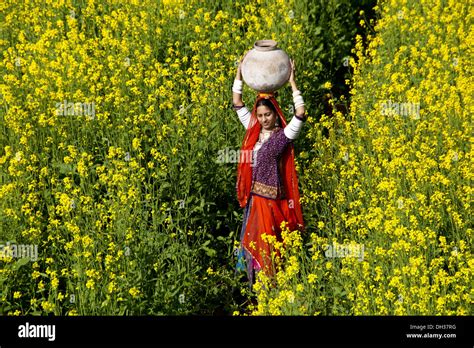 Rajasthani Indische Dorf Frau Mit Wasserkrug Auf Dem Kopf Stehend In