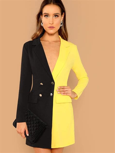 Two Tone Double Breasted Blazer Dress Looks Femininos Looks Vestidos