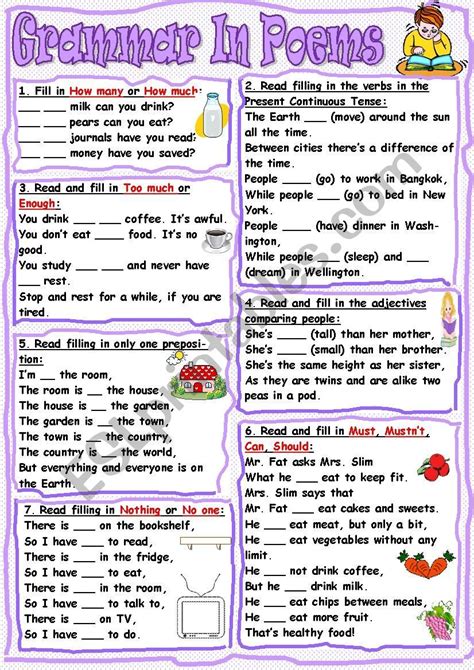 Grammar In Poems Esl Worksheet By Tmk939 Poems Teaching English