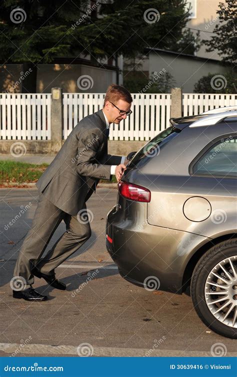 Businessman Pushing A Car Stock Photo Image Of Frustration 30639416