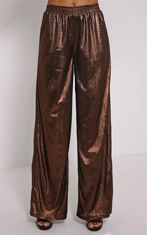 Dana Bronze Metallic Wide Leg Trousers Prettylittlething Usa