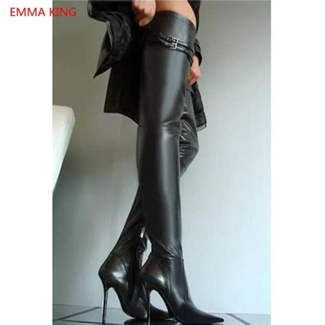 Black Leather Women Thigh High Boots Pointed Toe 10cm Stilettos High