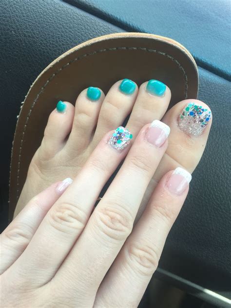bio seaweed gel glitter blue matching hand  toes french nails mermaid sea nail designs