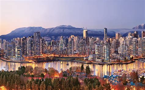 Vancouver Cityscape Sunset Skyscrapers Skyline Seaport Canada