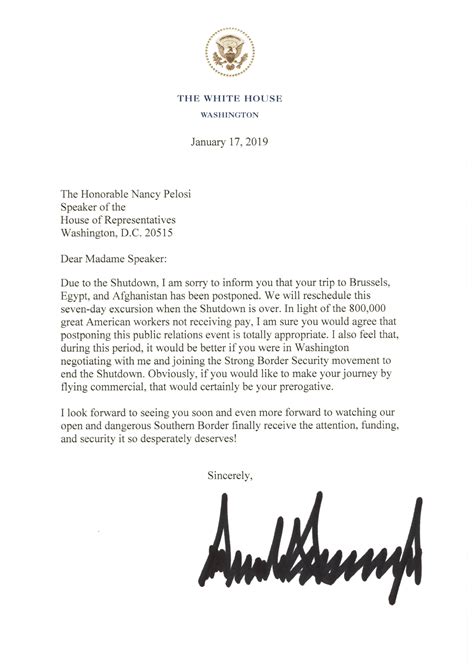 Trump wrote in the letter dated 9 october, whose authenticity was confirmed to various news outlets by the white house. Trump postpones Pelosi's overseas trip because of shutdown