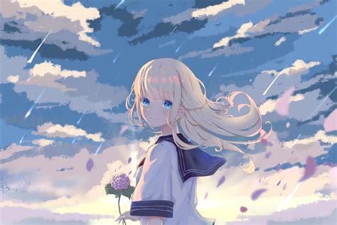 Wallpaper Girl Glance Smile Clouds Anime Art Hd Widescreen