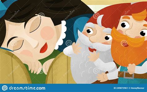 Cartoon Happy Scene Met Prinses En Dwergen In De Kamer Stock