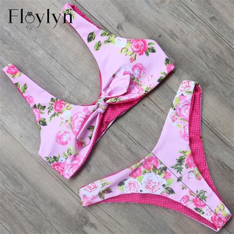 Floylyn Swimsuit 2017 Floral Printed Swimwear Dot Printed Bikini Women Bowknot Bikini Set Double