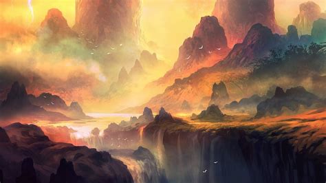 1920x1080 Fantasy Art Mountains River Water Birds Trees Storm Nature