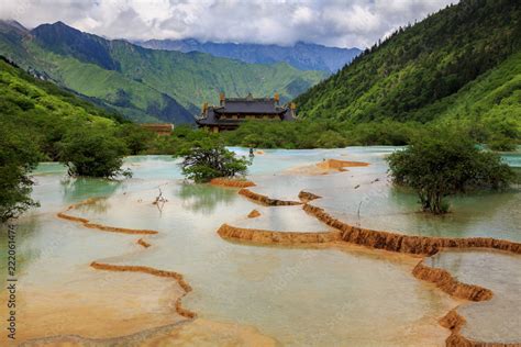 Colorful Blue Pools Of Water In Huanglong Scenic Area In Sichuan