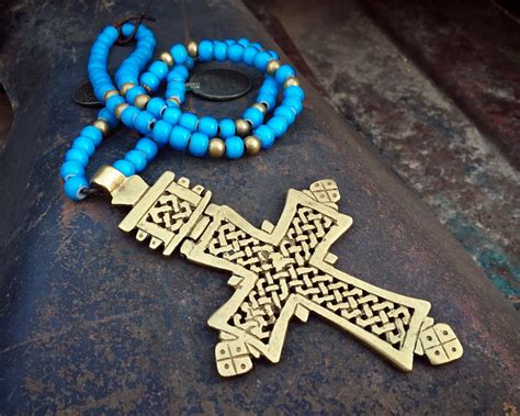 Vintage Brass Ethiopian Cross Pendant On Blue White Heart Trade Bead