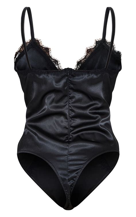 Black Satin Lace Trim Detail Bodysuit Tops Prettylittlething Ie