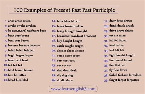100 Examples Of Present Past Past Participle