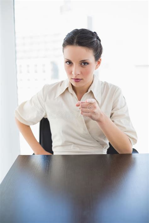 Stern Stylish Brunette Businesswoman Posing Looking Away Stock Photo