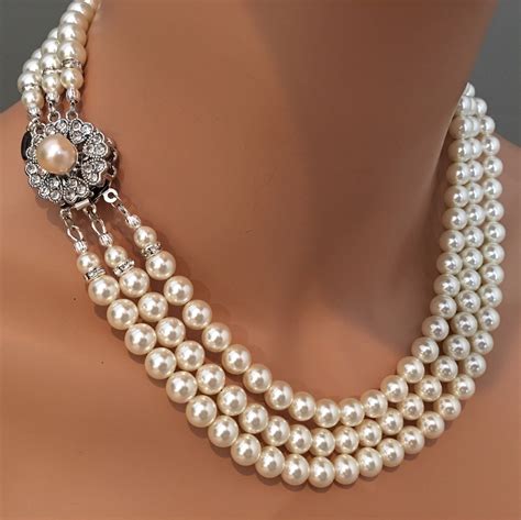 Mothers Day Gift Classic Pearl Necklace Vintage Style Like Jackie O Strands Swarovski Pearls