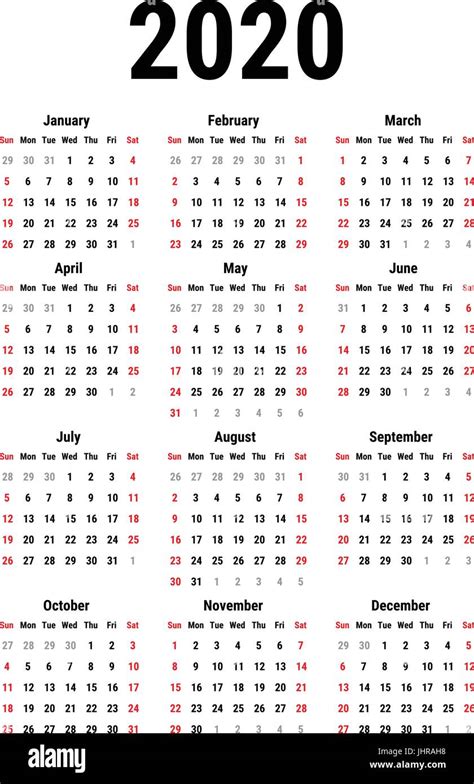 2020 Year Calendar