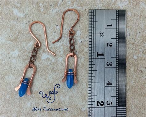 Handmade Copper Earrings Chain Dangling Wire Wrapped Blue Glass Dagger