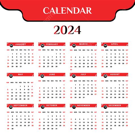 Calendario 2024 Con Estilo único Rojo Y Negro Vector Png Dibujos