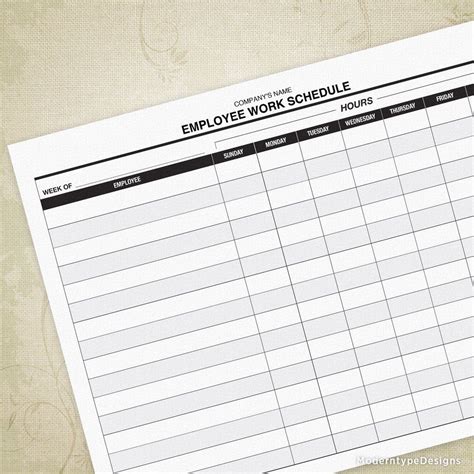 Employee Work Schedule Printable Form Personalized In 2021 Schedule