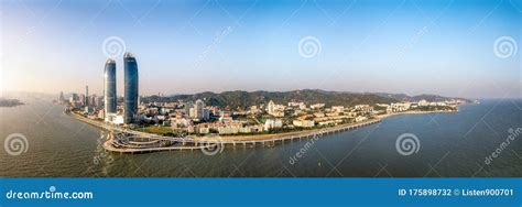 Aerial View Of Xiamen Panoramic Cityscapes Skyline And The Bridge With