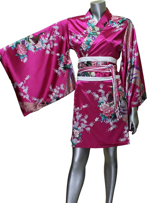 Short Yukata Japanese Kimono Womens Satin Silk Robe Gown Dress S To L Magenta At Amazon