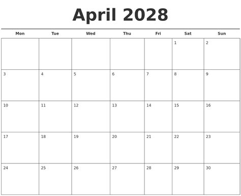 April 2028 Free Calendar Template