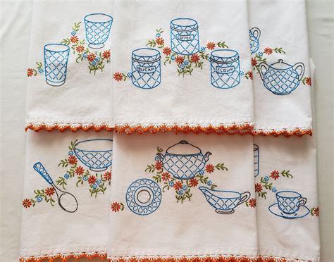 Hand Embroidered Flour Sack Dish Towels Tea Towels Set Of 6 Vintage