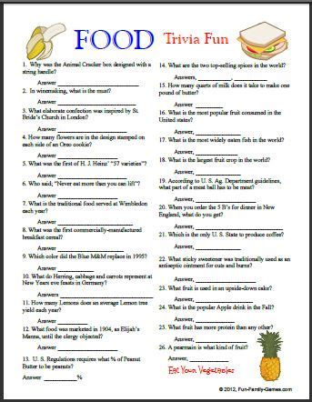 Free printable quiz questions and answers with general knowledge can be answered very easily and the answer sheet is put in the below for your verification. Our Food Trivia game also includes a Fast Food Trivia game.