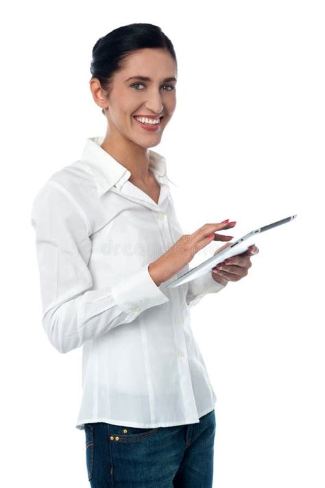 Woman Browsing On New Touch Pad Device Stock Photo Image Of Portable