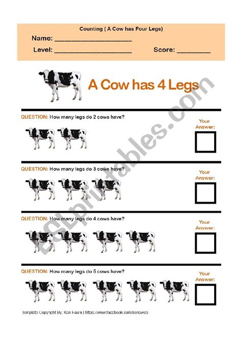 Counting A Cow Has 4 Legs Esl Worksheet By Kensweb