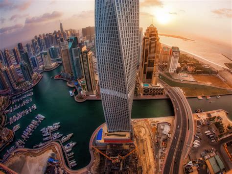 Wallpaper Uni Emirat Arab Gedung Pencakar Langit Top View Sunrise City Dubai Hd Layar