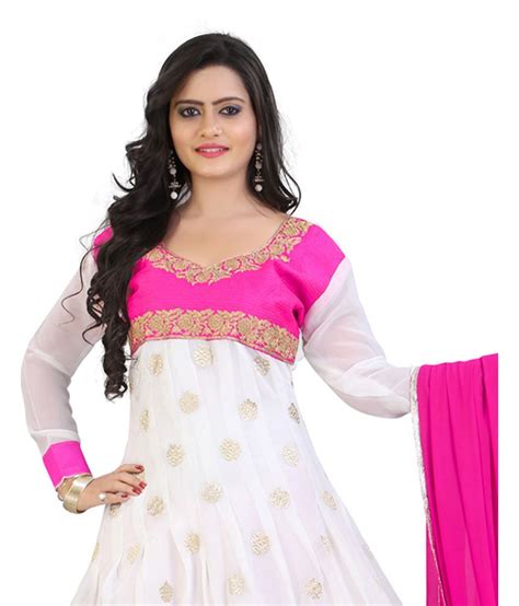 Lookslady Embroidered White And Pink Georgette Semi Stitched Suit