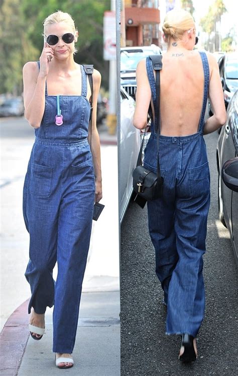 Jaime King Wears Denim Overalls Without A Shirt Underneath