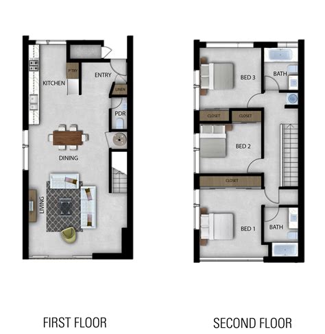 2 Story 3 Bedroom Townhouse Floor Plans