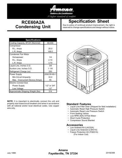 Rce A A Condensing Unit Specification Sheet