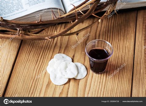 Holy Communion A Cup Of Wine And Bread With A Jesus Crown Thorn Stock