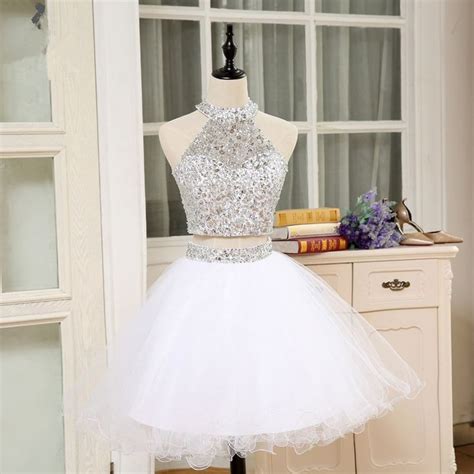 Shining 2 Piece Prom Dresses High Neck Crystal Beaded Puffy Short