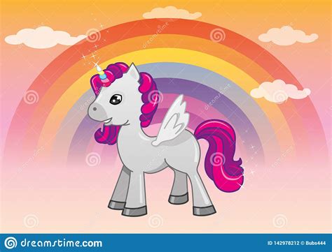Unicorn In The Sky With Rainbow And Clouds Stock Illustration
