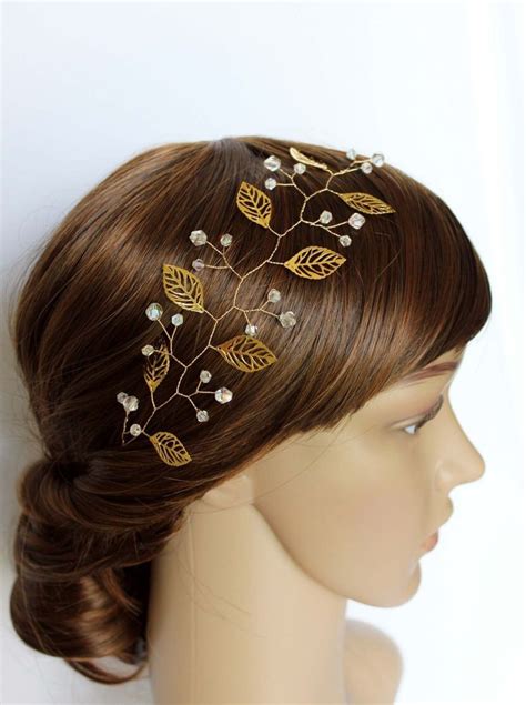 Bridal Swarovski Crystals Gold Leaves Hair Vine Headband Tiara