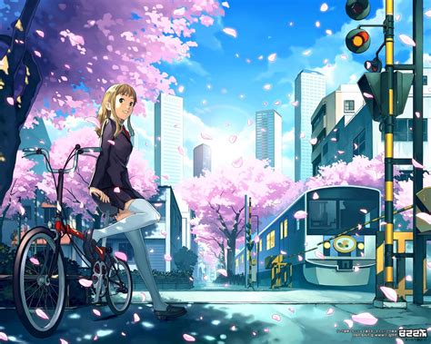 Anime Girls City Bicycle Cherry Blossom School Uniform