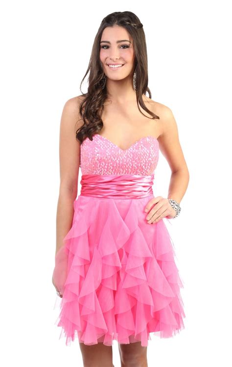 strapless pink sequin short party dress with cascade ruffled skirt mesh party dress strapless